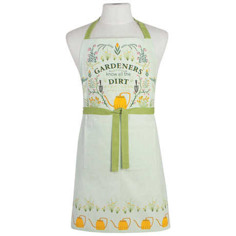 Gardening-themed apron with text and illustrations on a mannequin against a white background