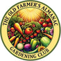 The Old Farmer's Almanac Gardening Club round badge with a shining sun above a bounty of freshly harvested produce