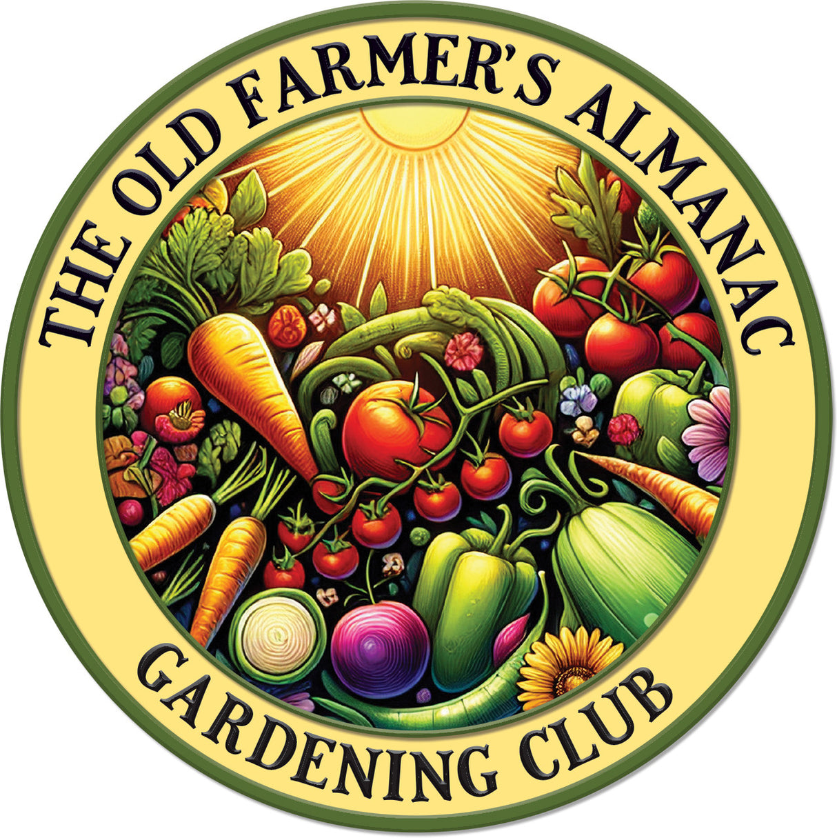 The Old Farmer's Almanac Gardening Club round badge with a shining sun above a bounty of freshly harvested produce