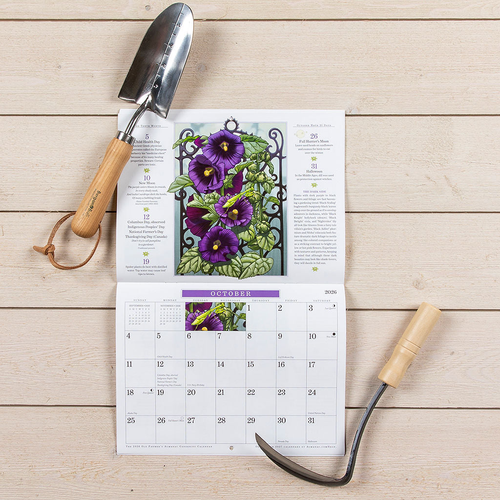 2026 Gardening Wall Calendar open to October. Features an illustrated flower vine,