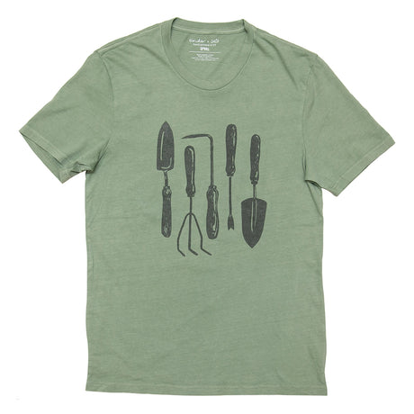 a light green tee shirt with hand drawn illustration of five common garden tools
