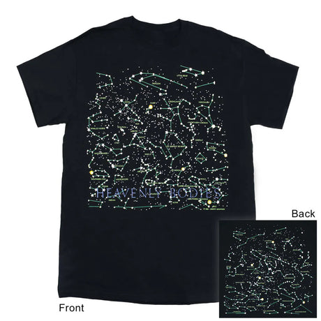 a black tee shirt with stars and constellations and the text "Heavenly Bodies" printed at the bottom