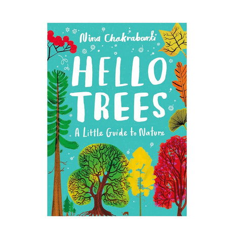 Book cover of 'Hello Trees' with colorful trees on a blue background