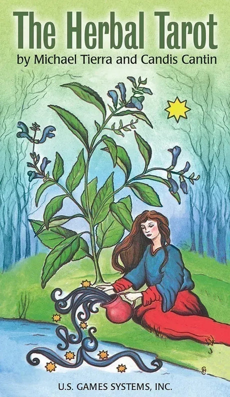 cover image for the Herbal Tarot deck featuring herbs and esoteric symbols