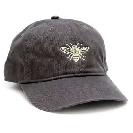 a gray baseball cap with an embroidered honey bee design 