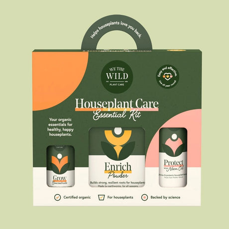 the houseplant care essentials kit package against a verdant green background