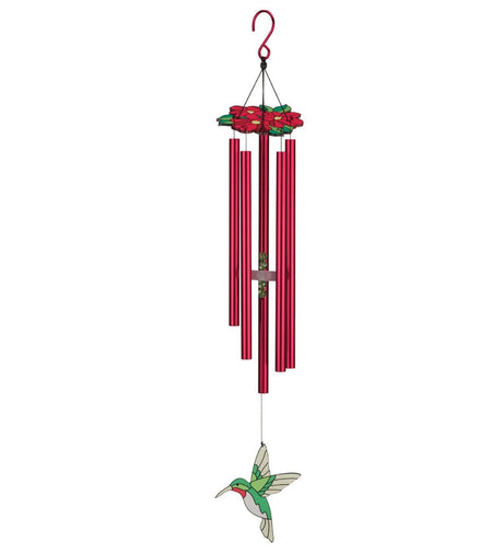 Ruby Throated Hummingbird Chimes with red floral canopy, red chime tubes, and stained glass style hummingbird sail