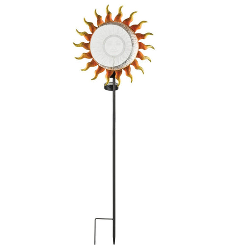 Illusion solar stake with sun design, featuring golden sun rays surrounding a glowing acrylic disc atop a tall garden stake