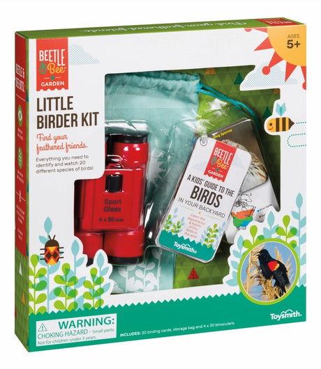 Birdwatching set for kids in package showing binoculars and kids bird guide
