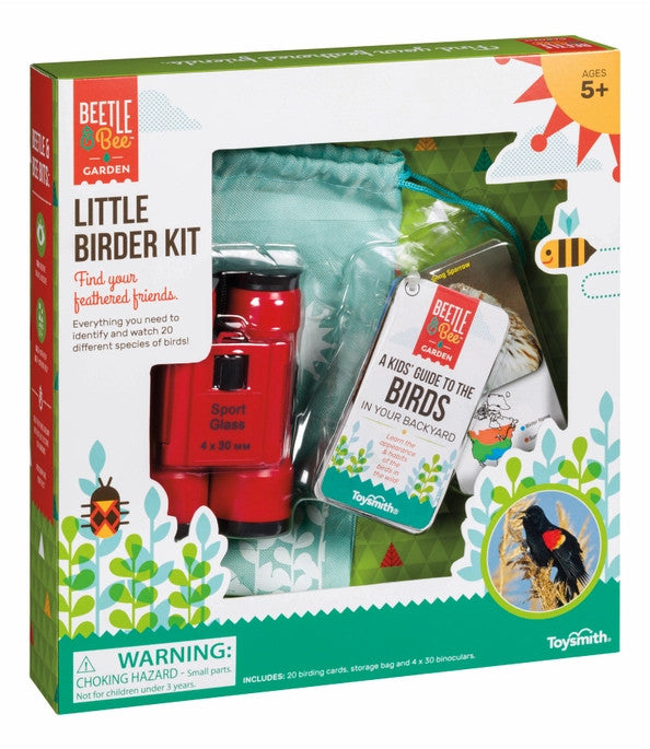 Birdwatching set for kids in package showing binoculars and kids bird guide