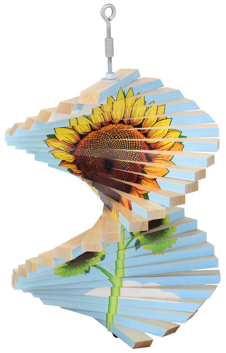 a spiral style wooden wind spinner painted with sunflower illustration