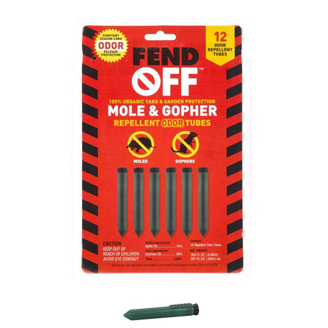 a red, rectangular package with text "Fend Off 100% organic yard & garden protection - Mole & Gopher Repellent Odor Tubes" with graphics of moles and gophers crossed out. One odor tube is shown below the package