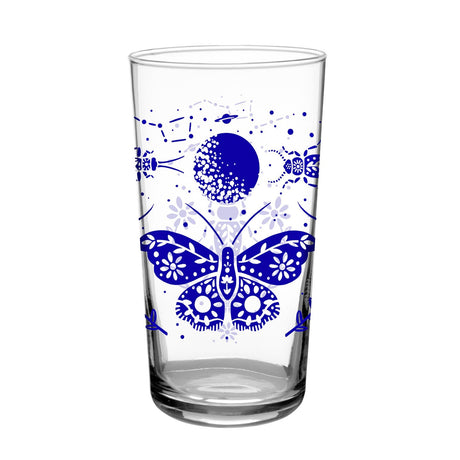 a clear glass tumbler printed with vintage inspired blue print of a moth beneath a full moon and beetles and flowers