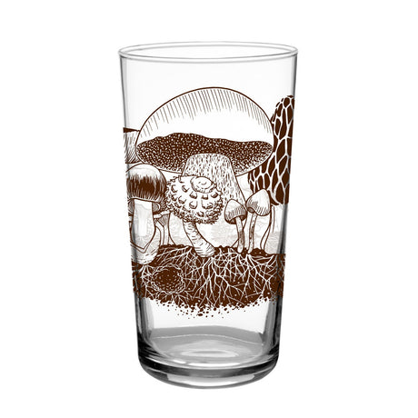 a clear glass tumbler printed with vintage inspired brown mushroom print