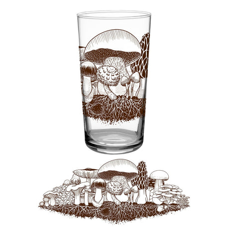 a clear glass tumbler printed with vintage inspired brown mushroom print above a full wrap of the artwork
