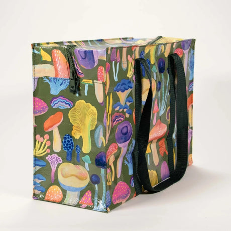 Tote bag with colorful mushroom pattern on a white background