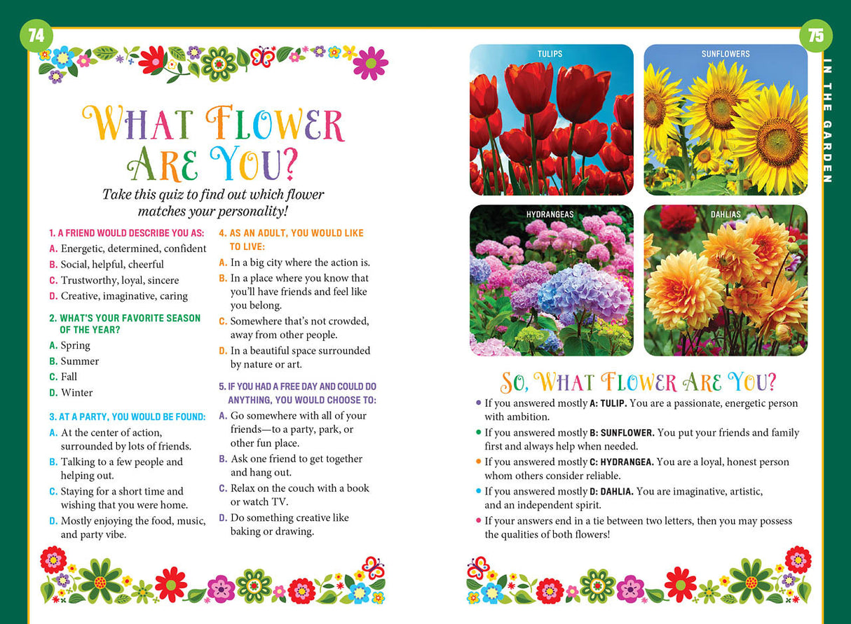an interior spread with images of flowers and a quiz titled "What Flower are You?"