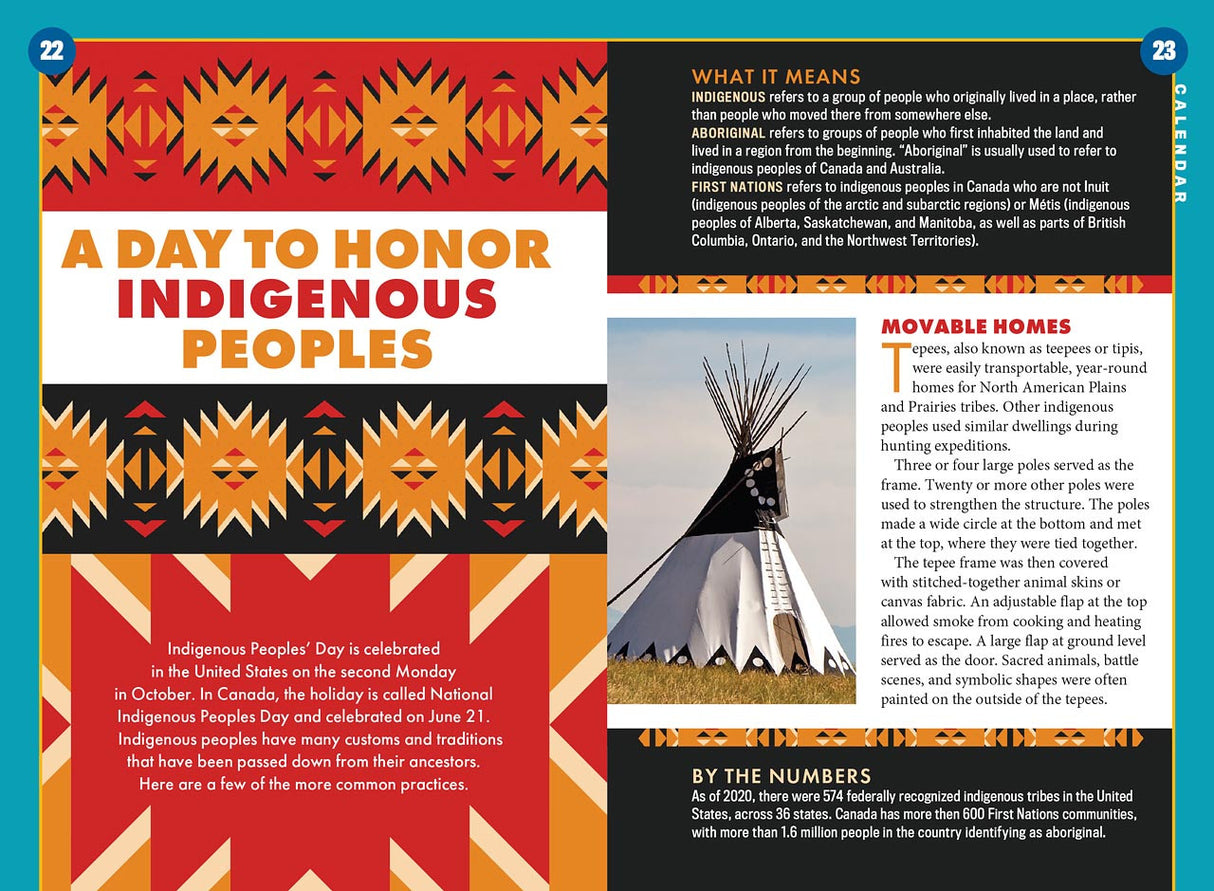 an interior spread with indigenous art and a photo of a teepee with an article titled "A day to honor indigenous peoples"