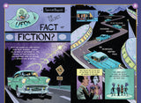a comic book style illustration spread with images of cars on the road and people with aliens titled "UFOs: Fact or Fiction?"