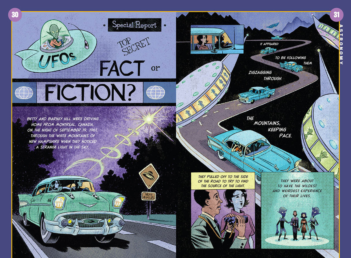 a comic book style illustration spread with images of cars on the road and people with aliens titled "UFOs: Fact or Fiction?"