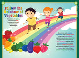 an illustration of a rainbow in the sky with children running along it towards frtuis and veggies that correspond with the colors of the rainbow with text "Follow the Rainbow of Vegetables"