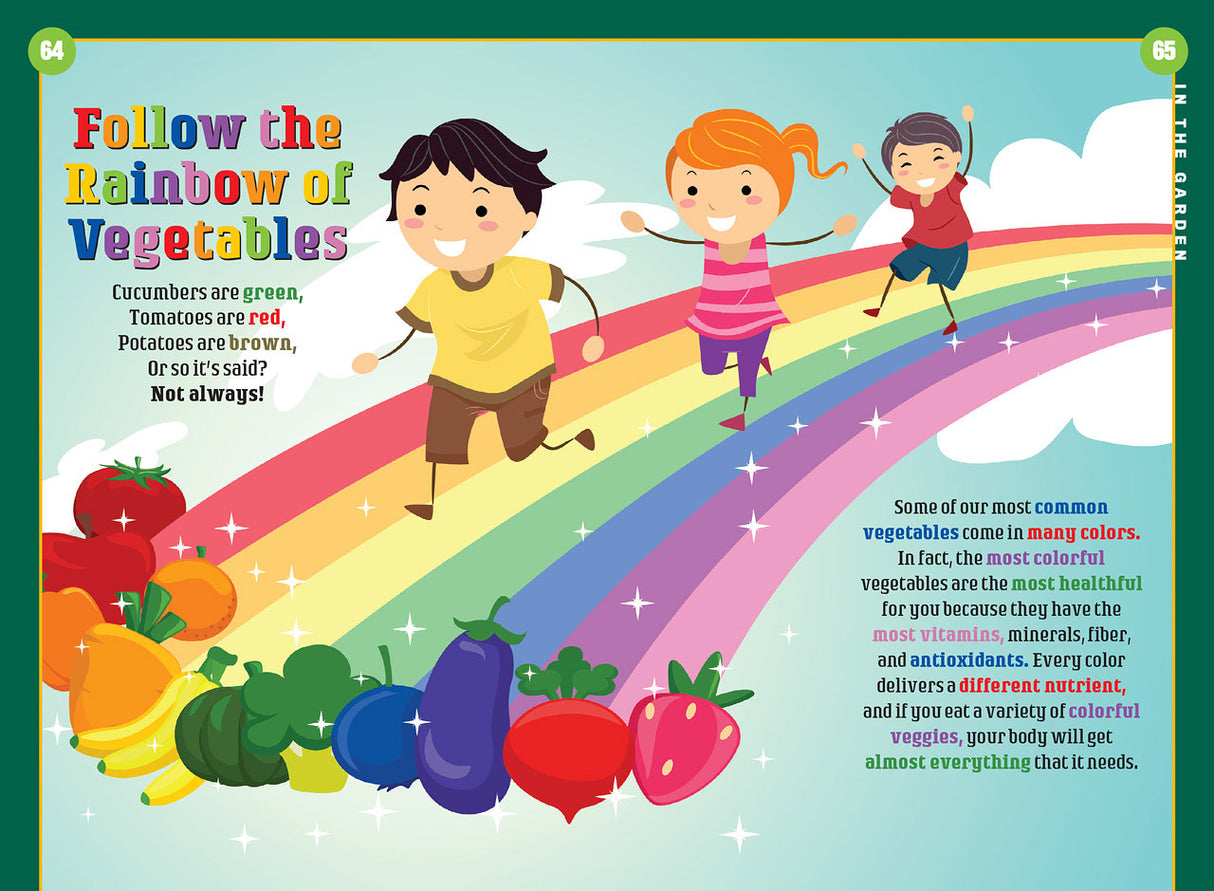 an illustration of a rainbow in the sky with children running along it towards frtuis and veggies that correspond with the colors of the rainbow with text "Follow the Rainbow of Vegetables"