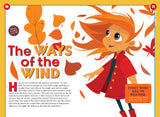 an illustration of a girl with windblown hair and leaves flying around her with an article titled "the ways of the wind"