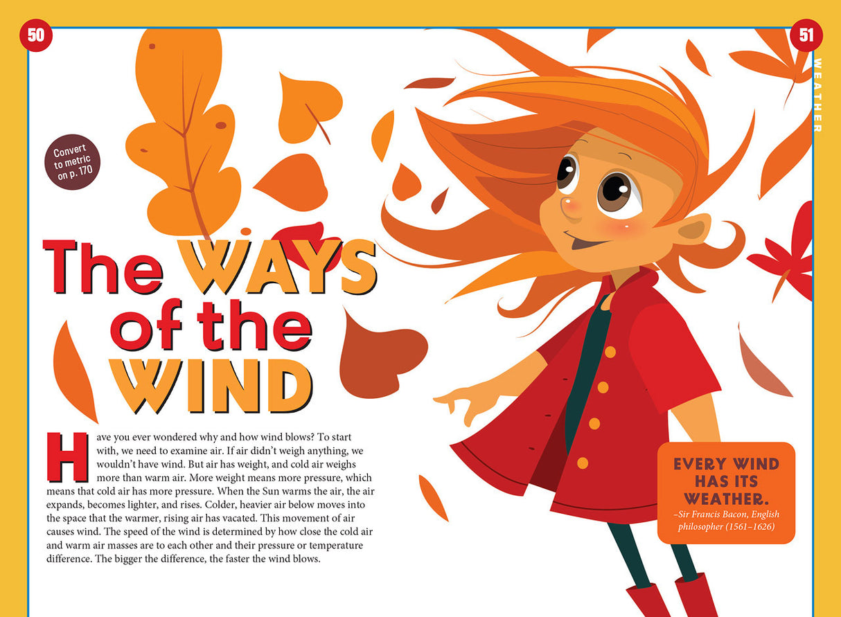 an illustration of a girl with windblown hair and leaves flying around her with an article titled "the ways of the wind"