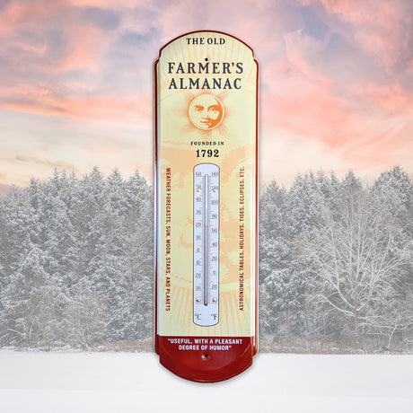 Metal thermometer featuring The Old Farmer's Almanac logo and vintage style graphics