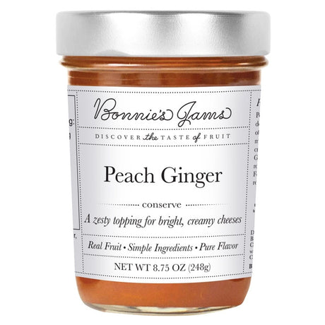 Bonnie's Peach Ginger jam jar with an elegant white label and silver jar top