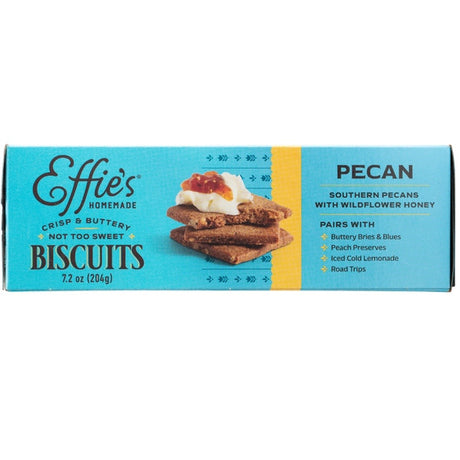 Side of Effie's pecan box with an image of biscuits and cheese and pairing recommendations