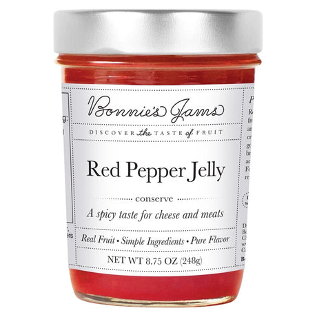 Bonnie's Red Pepper Jelly jam jar with an elegant white label and silver jar top