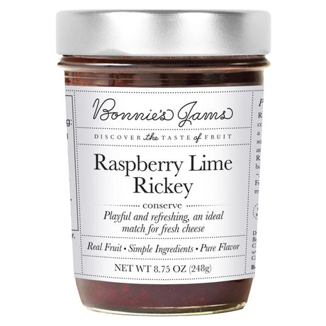 Bonnie's Raspberry Lime Rickey jam jar with an elegant white label and silver jar top