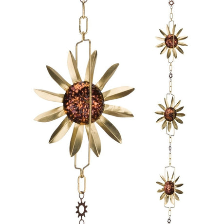 a close up of the sunflower on the rain chain alongside a section of the rain chain showing the fine detail of the sunflowers