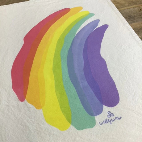 a close up of the print on the rainbow tea towel