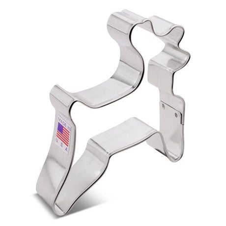 Leaping Reindeer Cookie Cutter displayed on a white background. The metal cutter is shaped like a reindeer in mid-leap, featuring clean lines and a joyful pose, ideal for creating festive holiday cookies.