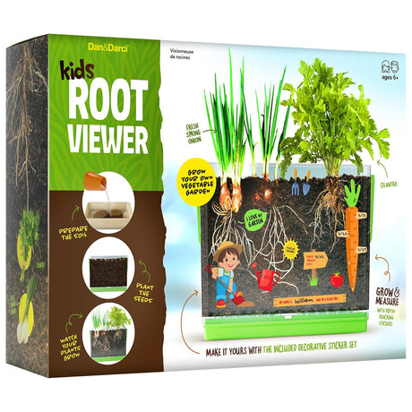 Box for 'Kids Root Viewer' gardening kit with illustrations of plants and text on a white background