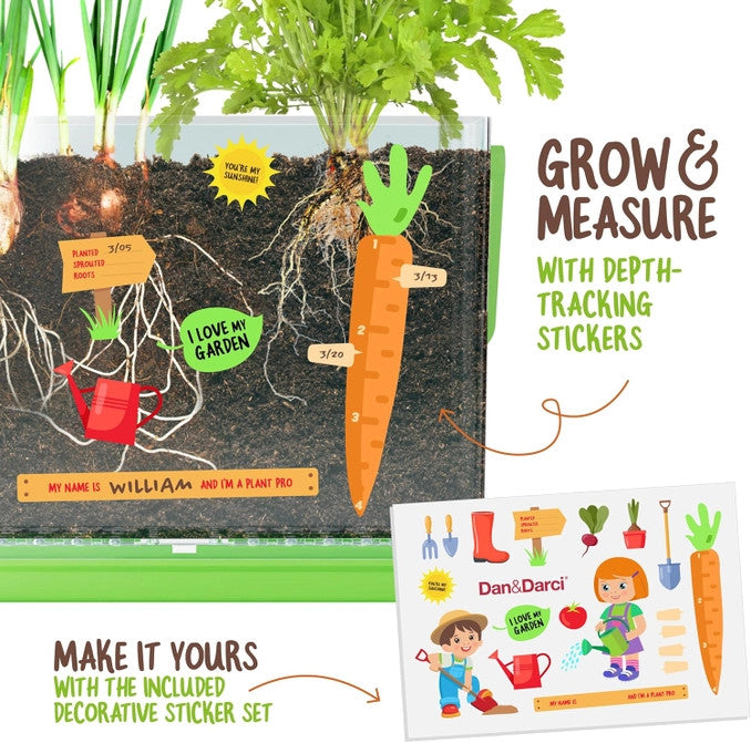 Grow & Measure with depth-tracking stickers, make it yours with the included decorative sticker set