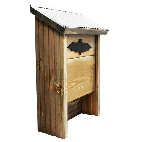 a side angle view of the rustic farmhouse bat house showing the depth of the bat house