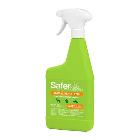 a lime green spray bottle with the text "Safer Garden - animal repellent" with images of common wildlife below it - shown at a slight angle