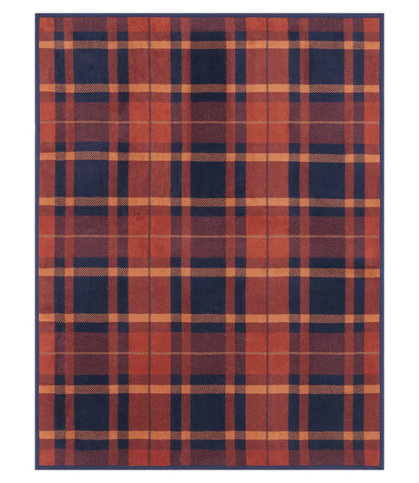 The front of the Sebago Tartan blanket showing the full size and navy, rust, and desert red color scheme