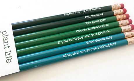 Set of pencils with humorous text on a white background