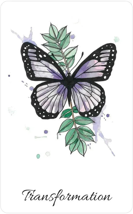 "Transformation" card from the oracle deck featuring an illustration of a purple butterfly and greens on a white background