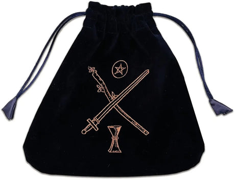 The tarot suits pouch laid flat with the drawstrings pulled closed to show that items will be secure inside the bag