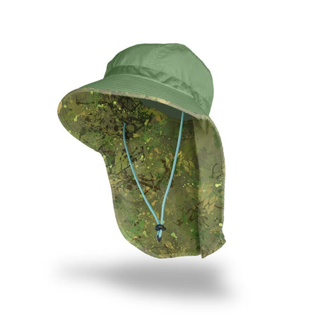 a floating green colored hat that shows the shape of the brim, crown, and the back flap neck protection with a repeated brush camo pattern on the inside of the hat and neck flap