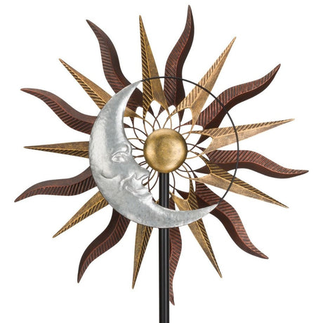 a wind spinner of undulating bronze sun rays with a silver crescent moon outlining the body of the sun
