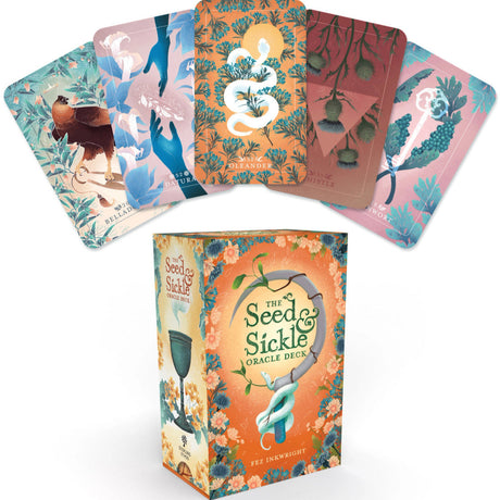 Image of a tarot card deck box featuring a beautifully designed cover with intricate artwork featuring a sickle with a snake wrapped around its base. A selection of cards from the deck are fanned and floating above the box.