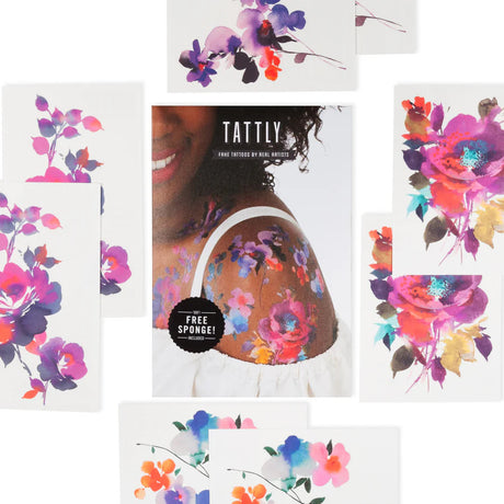 the whole set of 8 tattoos of the in bloom tattoo set - each is vividly colorful and painterly in style, surrounding the package for the set