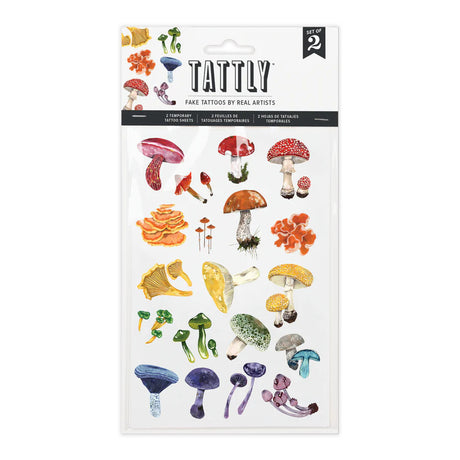 Colorful Mushrooms Temporary Tattoo Sheet in its package