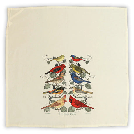 the unfolded songbird pairs tea towel showing how the design is printed to the bottom center of the towel